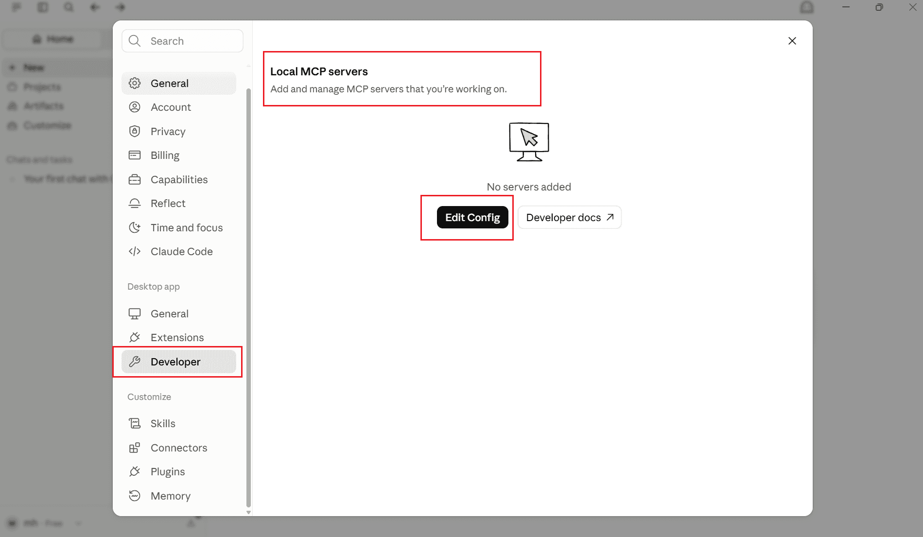 Open Developer Edit Config