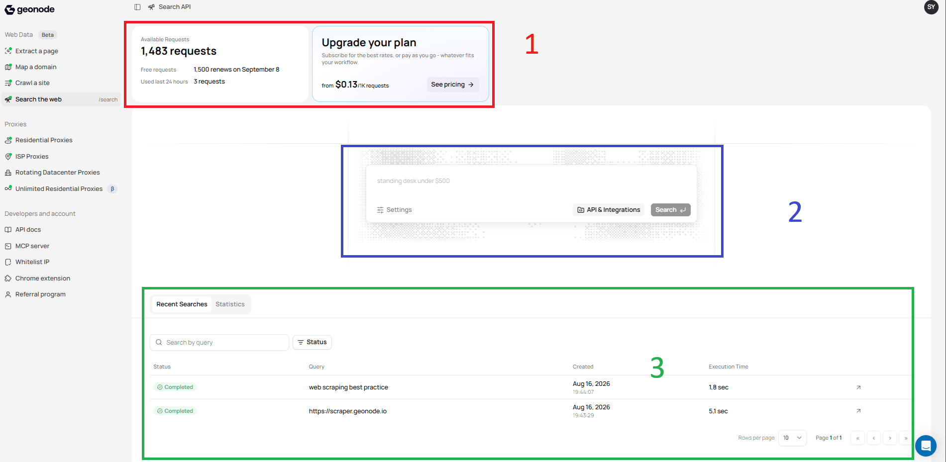 Search API dashboard