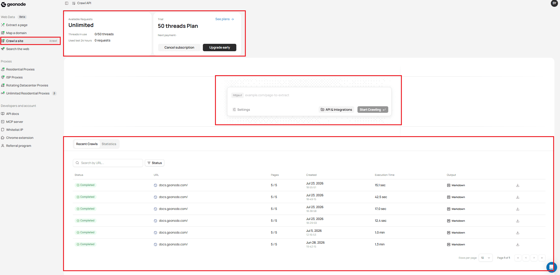 Crawl dashboard