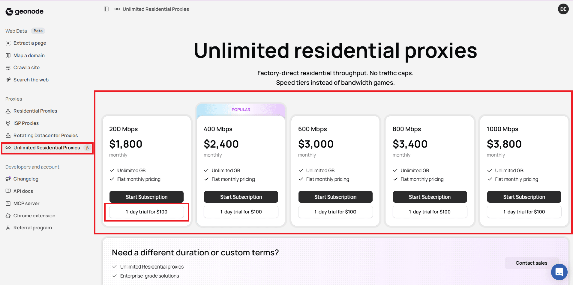 Open Unlimited Residential Proxies in the Geonode dashboard
