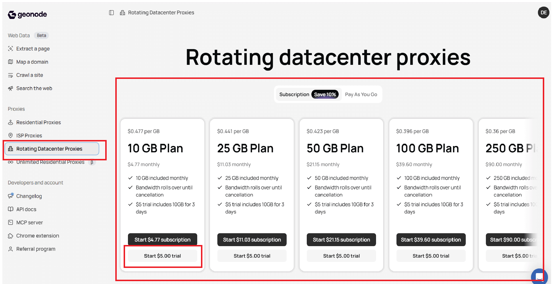 Open Rotating Datacenter Proxies in the Geonode dashboard