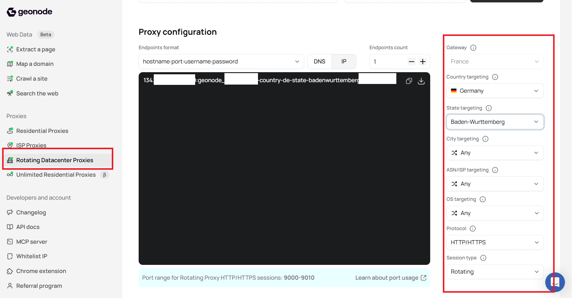Rotating Datacenter Proxies Proxy configuration with targeting and generated endpoint