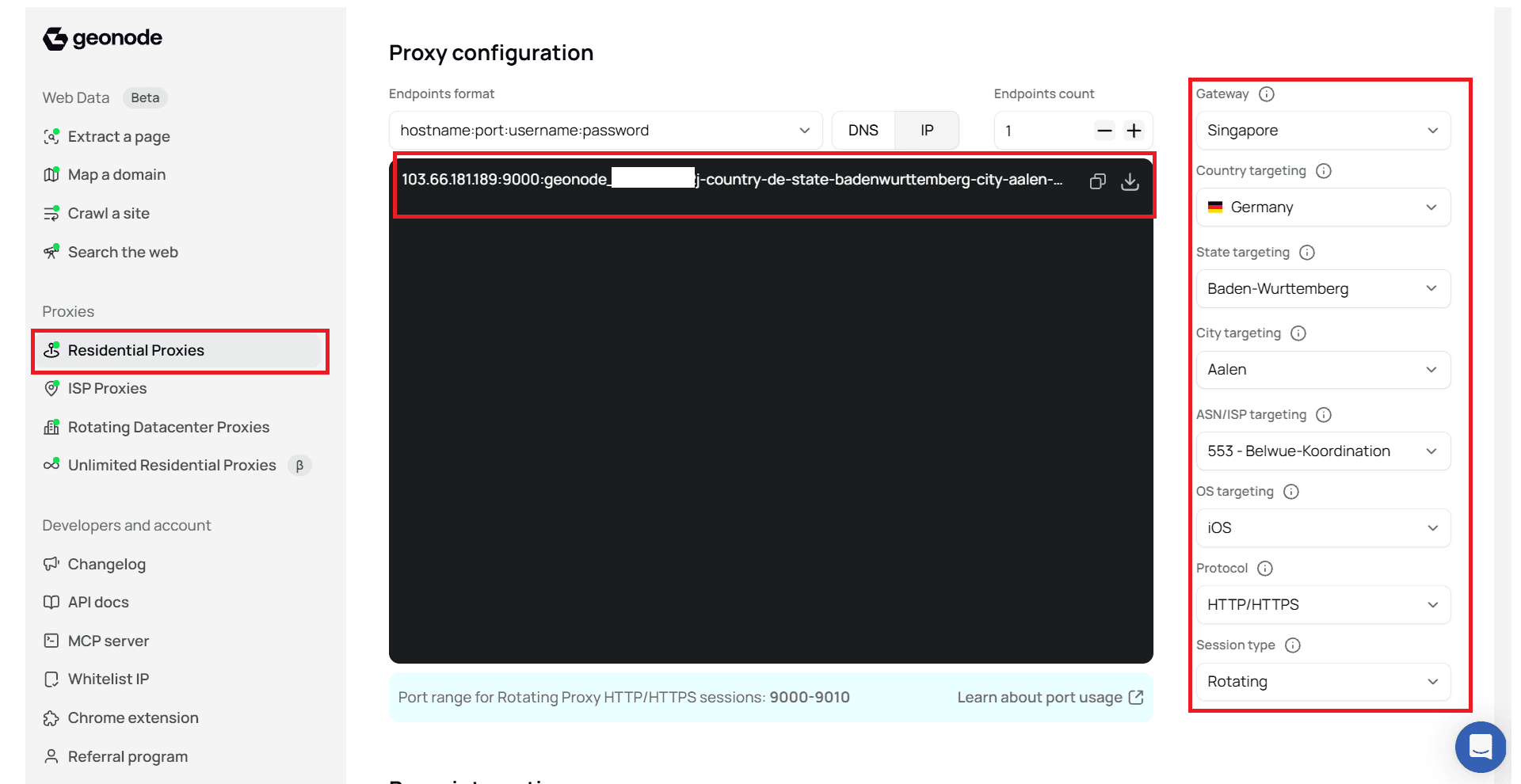 Residential Proxies Proxy configuration with targeting and generated endpoint