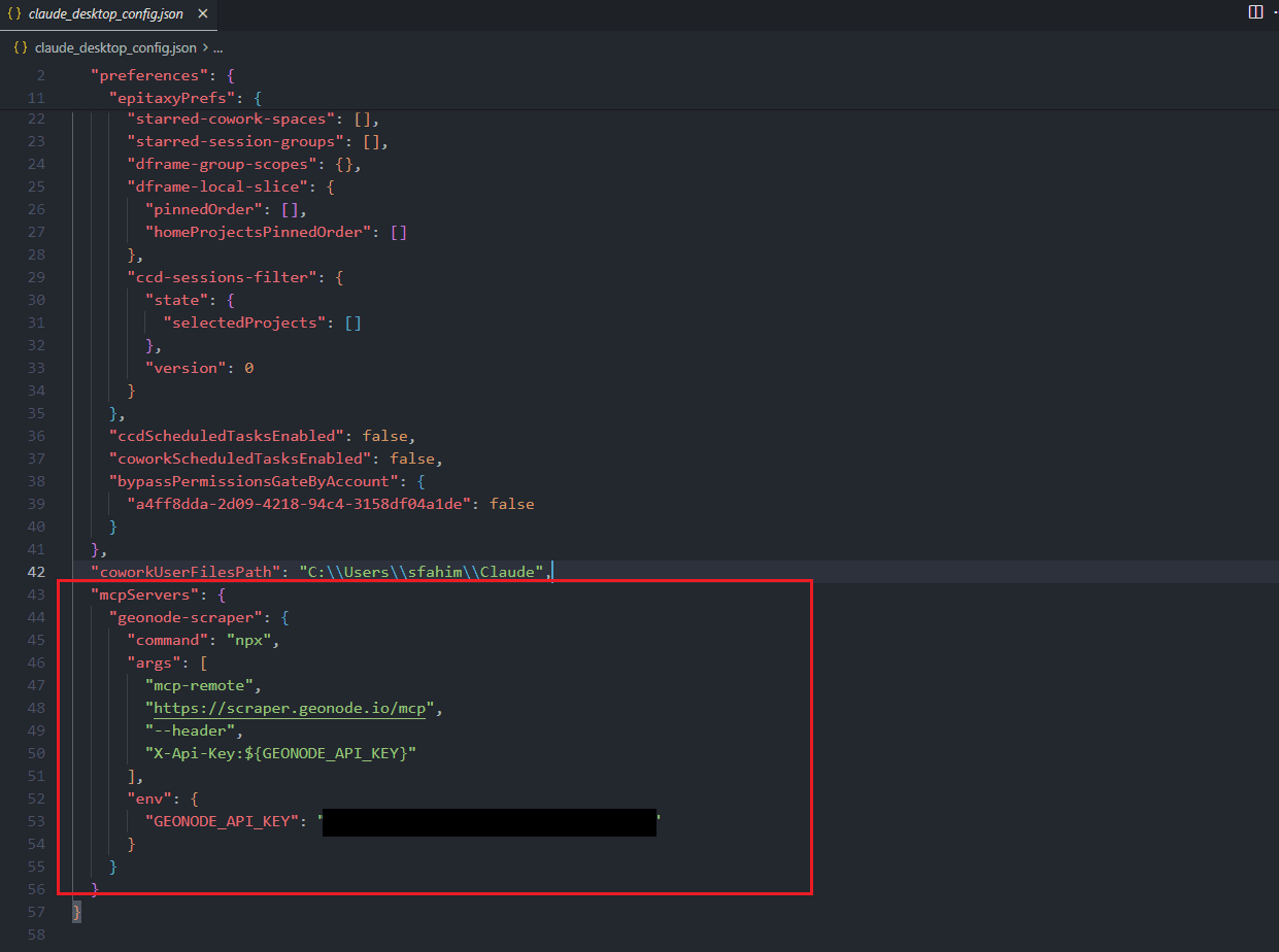 Geonode MCP config in claude_desktop_config.json