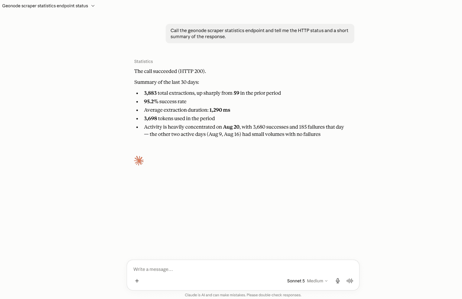 Verified Geonode MCP statistics call