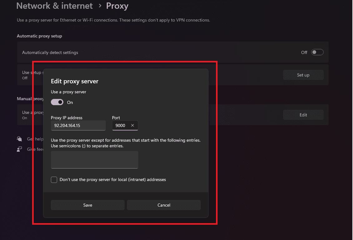 Enter the Proxy IP and Port Enter the Proxy IP and Port