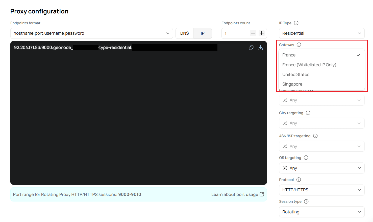 Gateway selection and generated proxy endpoint