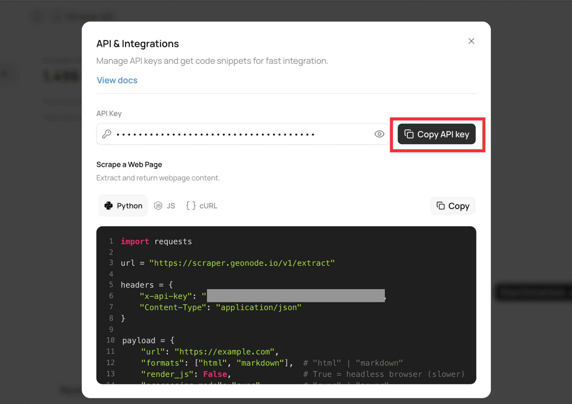 API & Integrations Modal