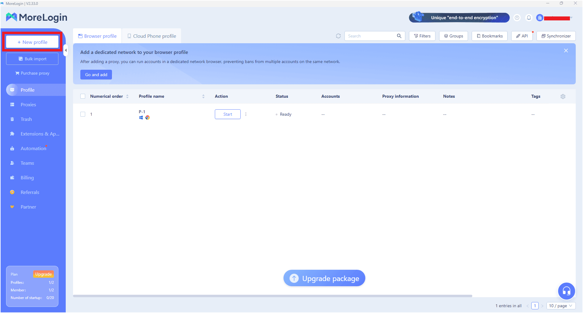 New Profile Button