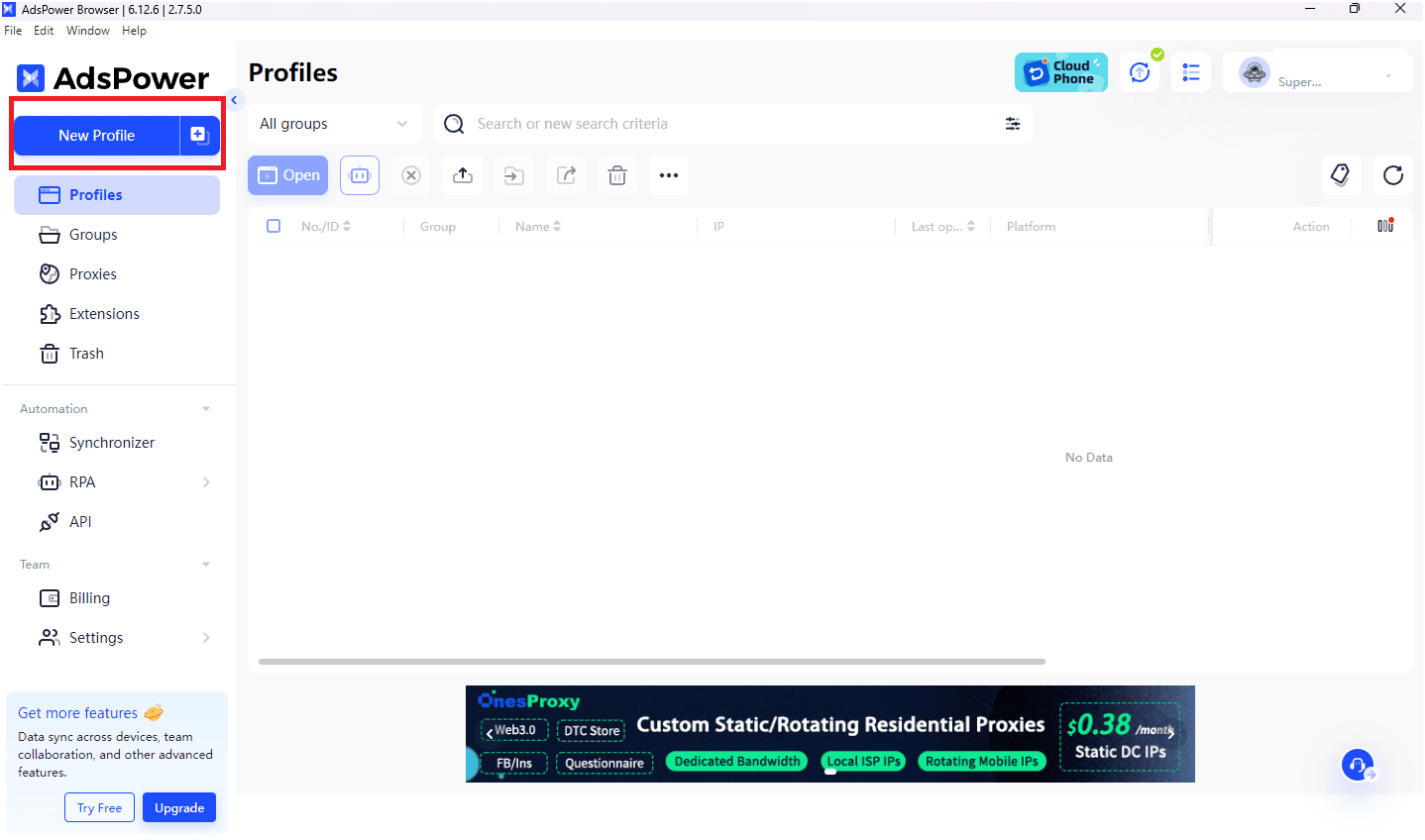 New Profile Button