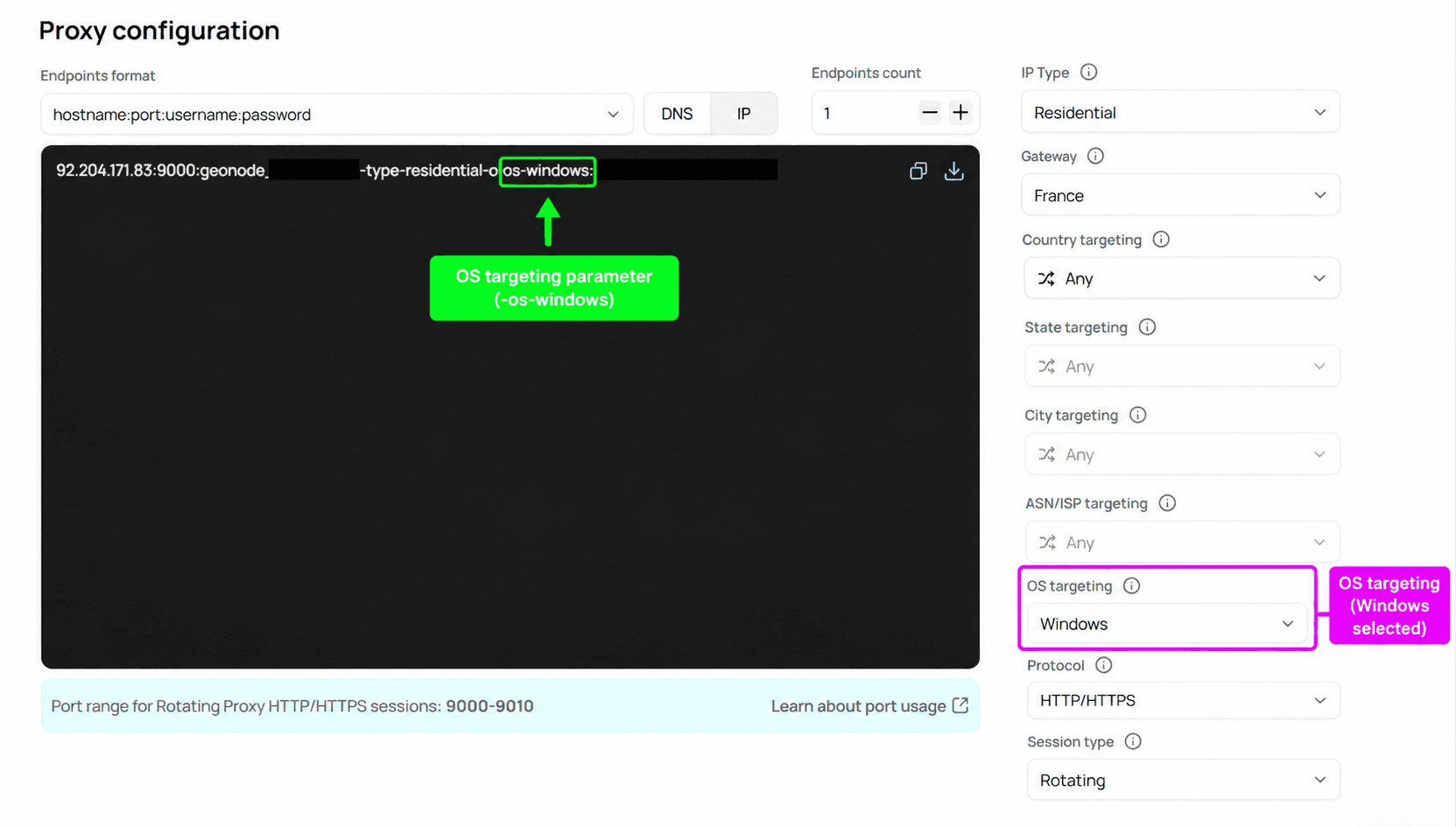 Windows OS targeting selected with the OS parameter highlighted in the generated endpoint
