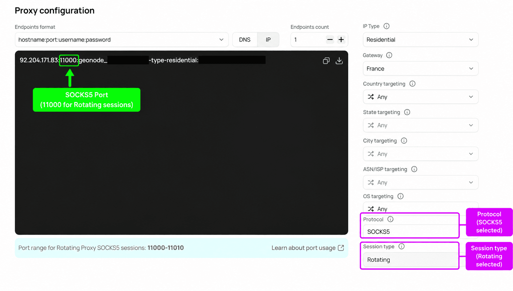 SOCKS5 protocol selection and generated proxy port