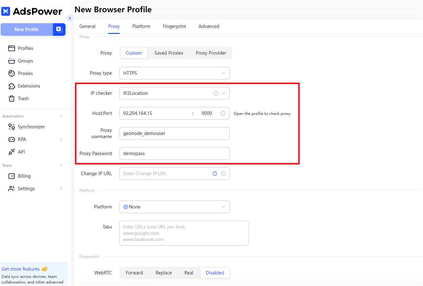 Proxy Detail in AdsPower