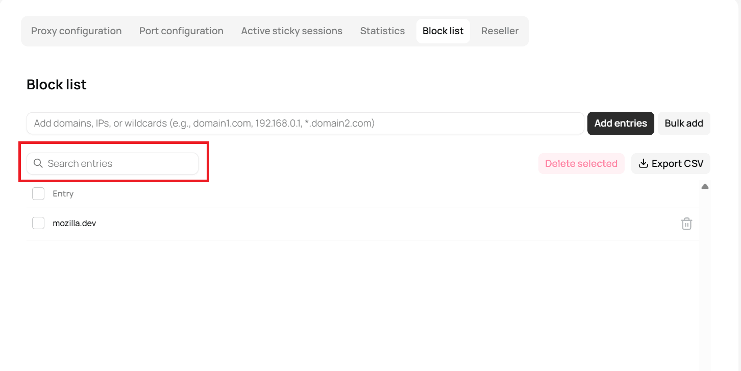 Search Block list entries