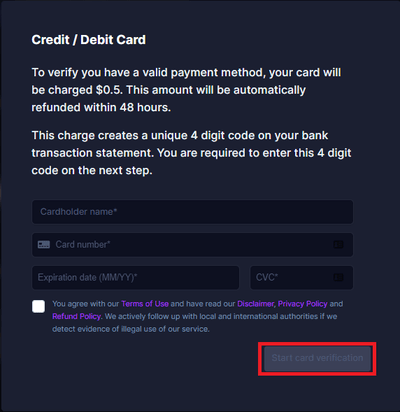 Credit Card Information Start Button