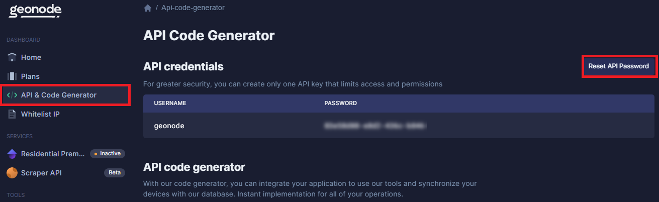 Dashboard API Code Generator Page