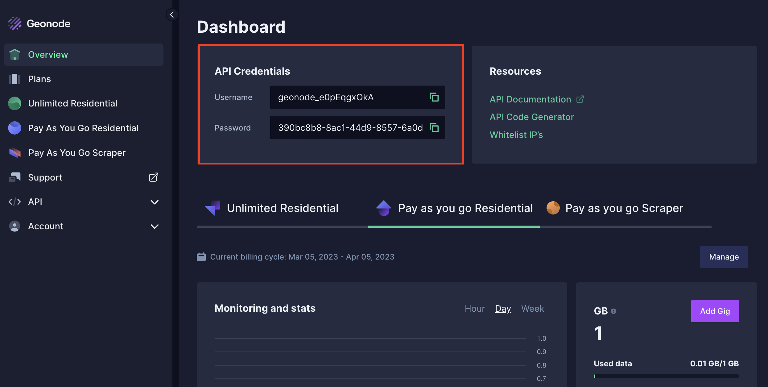 Dashboard Home Page API Credentials